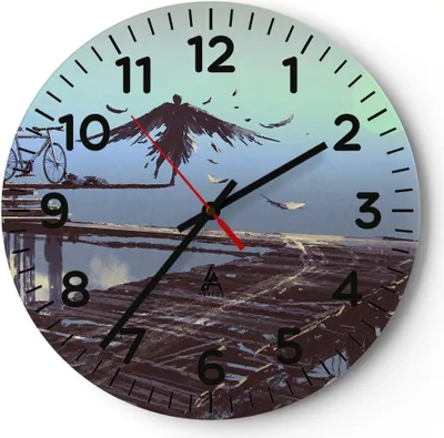 Produktbild von Wanduhr - Rund - Glasuhr - Vogel Fahrrad modern - 40x40cm - Schleichendes Uhrwerk - Lautlos - zum Aufhängen bereit - Dekoration Modern - Wanddekoration aus Glas - C4AR40x40-3721