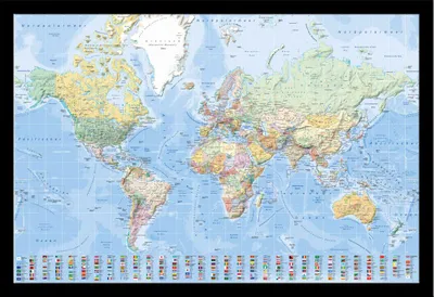 Immagine prodotto di Landkarten - Poster - Mappa del mondo con bandiere tedesche + cornice rimovibile, Shinsuke® Maxi MDF nero, disco acrilico