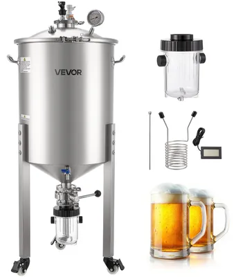 Image de VEVOR Cuve de fermentation conique en acier inoxydable 60 L Cuve de fermentation pour le brassage à domicile, cuve de fermentation à fond conique & 3 roues pivotantes & couvercle & poignée & thermomètre, cuve de fermentation pour la fermentation du vin et de la bière