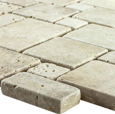 Produktbild von mosafil Mosaikfliesen Travertin Naturstein Beige Serie LaGrange, Fliese 30,5x30,5cm, 10mm stark, Steingrößen 48x48/23x48/23x23/48x75mm, 3mm Fugenbreite, 0,093m²/Matte, Frostbeständig, Rutschfest, Matt, Getrommelt, Abrieb 4, Quadratisch, Rechteckig, für Innen- & Außenbereich, Nassbereich, Wohnraum, Küche, Bad, Dusche, TM35205, 2,09kg