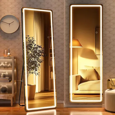 Productafbeelding van Spiegel voor het hele lichaam met LED-verlichting, 142,2 x 40,1 cm, dimbaar, 3 kleurtemperaturen, gehard glas, zwart