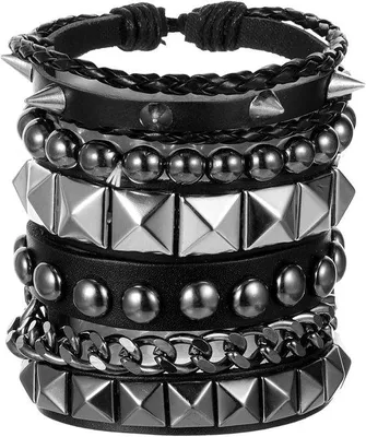 Produktbild von Leder Armbänder mit Nieten, 4er Set, schwarz, Punk Rock Stil