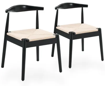 Productafbeelding van Set van twee houten eetkamerstoelen met een zitting van papierkoord en een gebogen rugleuning, zwart