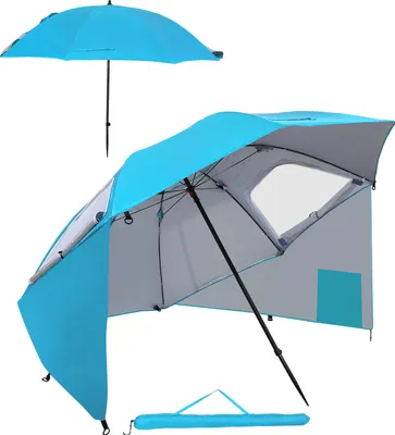 Image de Aopunly Parasol de plage Parasol 210cm Protection UV 50+ Inclinable avec piquet de terre Sac de transport Hydrofuge Plage Jardin Parasol balcon Bleu ciel