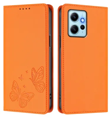 Produktbild von Lederhülle für Xiaomi Redmi Note 12 4G, Schmetterling Prägung Leder Brieftasche Schutzhülle mit Ständer Orange
