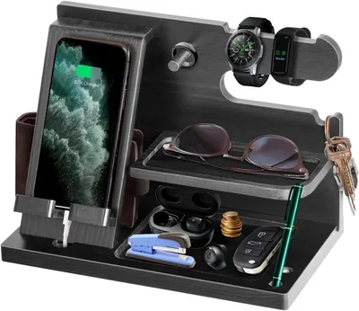 Obrázok produktu pre Nabíjací stojan na telefon čierny, drevo, na nočný stolík, s držiakom na kľúče a hodinky