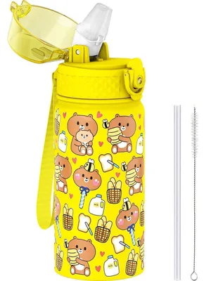 Produktbild von Kinder Isolierte Wasserflasche 420ml Edelstahl mit Strohhalm Gelber Bär BPA-frei