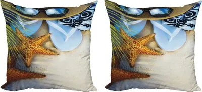 Obrázek produktu pro ABAKUHAUS Sada povlaků na plážový polštářek (2ks), sen na tropické pláži mušle hvězdice sluneční brýle žabky, 40 x 40 cm, pestrobarevné provedení