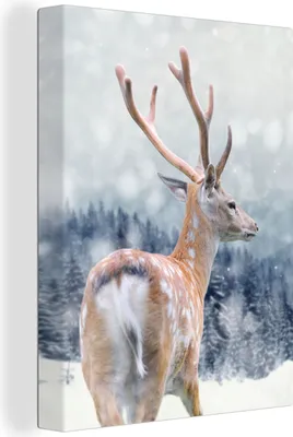 Produktbild von MuchoWow® - Leinwandbilder - Winter - Hirsche - Tiere, Wandbild, Wanddeko Bilder Wohnzimmer, 90x120 cm