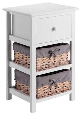 Produktbild von Nachttisch PORTEL in weiß, Nachtkommode mit 1 Schublade und 2 Körben für Stauraum, Beistelltisch im Landhausstil aus Paulownia-Holz