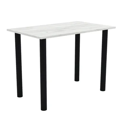 A product shot of a table with a white top and black legs on a white background.