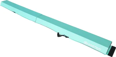 A teal colored gymnastics balance beam is shown against a white background.