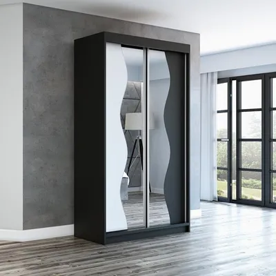 Produktbild von Schwebetürenschrank, 2-türig Schrank mit Spiegel! Moderne Garderobe für Kleidung. Verschiedene Farben (Weiß, Schwarz, Somona) Kleiderschrank RIMA 120 cm