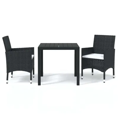 Produktbild von 3-tlg. Garten-Essgruppe mit Kissen Poly Rattan Schwarz
