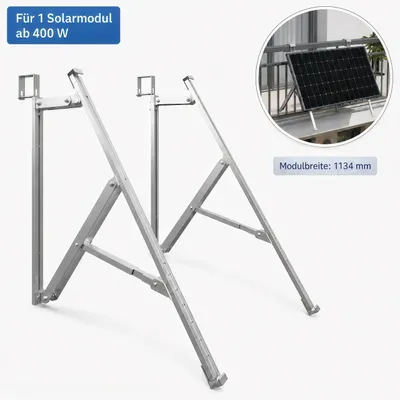 Produktbild von Schwerlast Balkonkraftwerk Halterung für 1 Solarmodul 400–600 W, bis 1134 mm, 10°–40° verstellbar, Aluminium, für Balkon, Flachdach & Wand