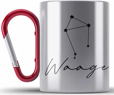 Produktbild von Trendation - Waage Sternzeichen Edelstahl Tasse Karabiner Geschenk Horoskop Tierkreiszeichen (Rot)