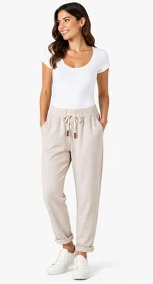 Produktbild von Damen Jogginghose mit Kordelzug – Bequeme Freizeithose mit Taschen, elastischer Bund, schmaler Schnitt Beige/S/M