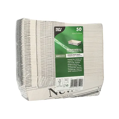 Immagine prodotto di 600 vaschette per patatine fritte Papstar 3,5 cm x 7 cm x 15 cm bianche Newsprint 89110