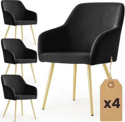 Produktbild von 4er Set Glatte Velours Esszimmerstühle ESTELLE Schwarz mit goldenen Beinen