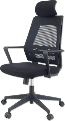 A black office chair with a headrest is shown against a white background.