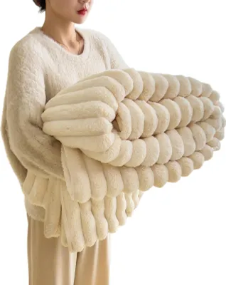 Produktbild von Flanelldecke, verdickt, Kaninchen-Plüsch, Blasenstruktur, einfarbig, für Büro, Zuhause, Bett, Sofa, Reisen, gemütlich, warm, Winterdecke