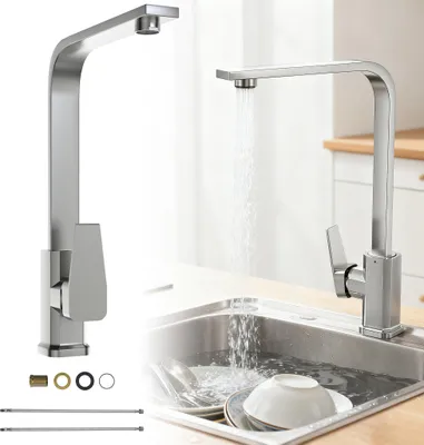 A split image showing a kitchen faucet and a sink with running water.