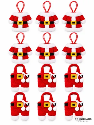 Immagine prodotto di Set di 12 portaposate natalizi · Sacchetti per posate a tema Babbo Natale · 6 giacche + 6 pantaloni · Decorazioni natalizie per la tavola, codice prodotto H0225, codice prodotto H0225