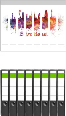 Produktbild von Wallario 8 Stück schmale Ordner inkl. Klebeetiketten mit Motive Städte als Aquarell - Skyline von Barcelona -  Set mit Rückenschildern / Ordnerrücken Stickern