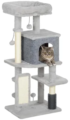 Productafbeelding van Krabpaal 104 cm met kattenhol, mand, sisal krabpalen, krabplank en pluche ballen voor katten tot 5 kg, lichtgrijs