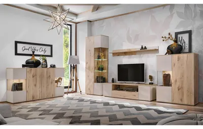 Produktbild von Wohnzimmer Komplett Set mit LED-Beleuchtung in Eiche mit Beige, 5-teilig - CARRICA-164