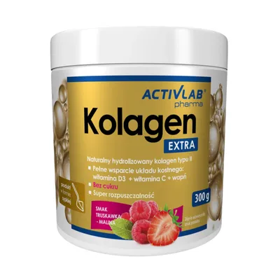 A white tub of Activlab Pharma Kolagen EXTRA supplement with fruit imagery.