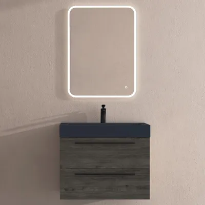 Image de doporro Meuble de Salle de Bains Gris-Brun Ensemble de 3 Pièces Meuble Suspendu avec Lavabo 73 cm et Miroir LED Design Quadratto