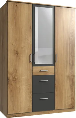 Produktbild von Kleiderschrank "Click" aus Spanplatte in Plankeneiche-Nachbildung mit 3 Schubladen und 3 Türen. Abmessungen (B/H/T) 135x198x58 cm