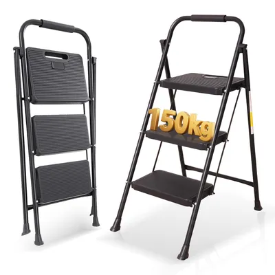 Produktbild von Trittleiter 3 Stufen Stehleiter, OUTIGO Klappleiter bis 150kg, Klapptritt Klappbar, Leiter mit Rutschfester Schuh & Plattform, Metall Haushaltsleiter