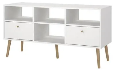 Produktbild von TV-Möbel Tvilum Bodo Mattweiß mit 2 Schubladen und Beinen und Griffen aus Naturholz 117x39x61 cm