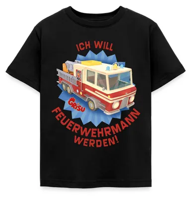 Produktbild von Spreadshirt Grisu Der Kleine Drache Feuerwehrmann Werden Kinder T-Shirt, 110/116 (5-6 Jahre), Schwarz