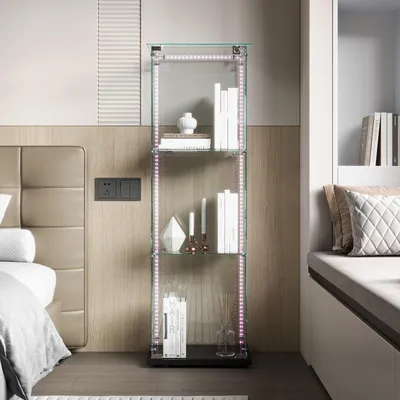 Immagine prodotto di Vetrina verticale con illuminazione a LED, 3 ripiani, 1 porta, serratura, colore nero, altezza 123,3 cm
