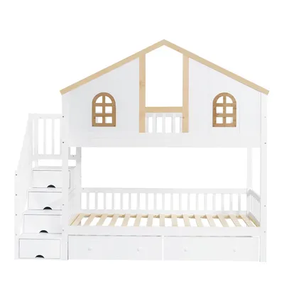 Produktbild von Flieks Etagenbett 90x200cm mit Schubladen, Kinderbett Hausbett mit Treppe, Stockbett Hochbett mit Rausfallschutz und Lattenrost, Einzelbett 2 Kinder