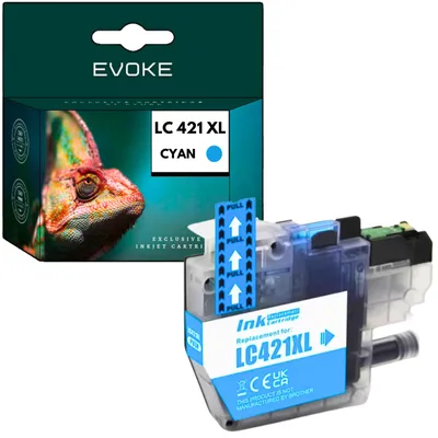 Productafbeelding van Evoke Cartus inktpatroon voor Brother LC-421 XL, cyaan, 10 ml, 500 pagina's, compatibel met LC-421, en geschikt voor de volgende printers: DCP-J1050DW, DCP-J1140DW, MFC-J1010DW