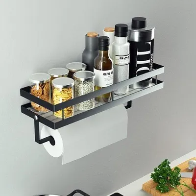 Produktbild von Kruidenrek für die Wand, ohne Bohren, mit Küchenrolhouder und 4 Haken, praktischer Küchenorganizer für Kräuter und Küchengeschirr