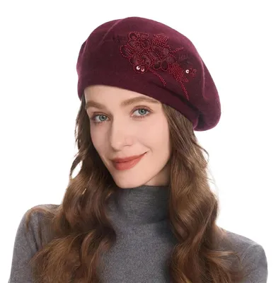 Zdjęcie produktu dla Czapka zimowa damska, typu baskenmütka, francuski beret, podwójna warstwa, ciepła, z haftowanym kwiatem, kolor burgundowy, uniwersalny rozmiar