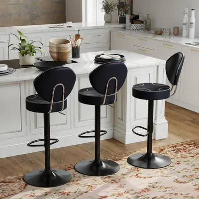Immagine prodotto di Set di 3 sgabelli da bar, girevoli, con altezza regolabile, rivestiti in ecopelle, colore nero