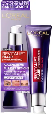 Product packaging for L'Oreal Revitalift Filler eye cream.