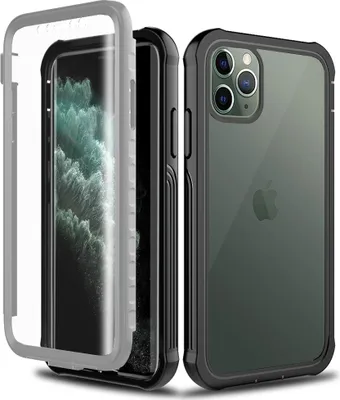 A three-quarter view of an iPhone 11 Pro Max with a protective case, showing both the front and back of the phone and case.