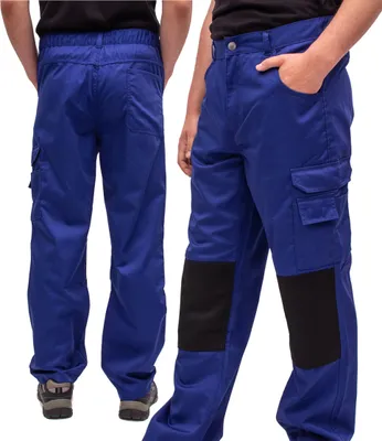 A person wearing blue work pants with black knee patches.
