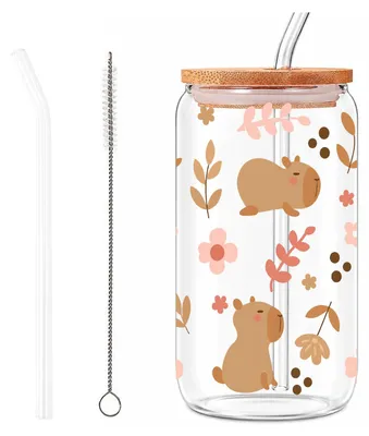 Capybara-Glas 470ml mit Deckel, Strohhalm & Bürste