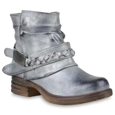 Zdjęcie produktu dla Mytrendshoe Botki damskie lekko sznurowane Biker Boots Buckles Metallic 818843, Kolor: Srebrny, Rozmiar: 38