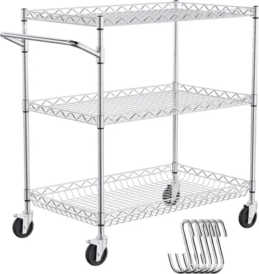 Zdjęcie produktu dla Wózek kuchenny VEVOR, 3-poziomowy wózek laboratoryjny o udźwigu 300 kg, chromowany wózek do serwowania, wózek do sprzątania, wózek transportowy, wózek magazynowy z wbudowanym koszem i 6 haczykami, do użytku wewnątrz i na zewnątrz pomieszczeń