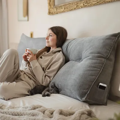 Image de Björn&Schiller coussin de dossier, coussin de lecture pour lit et canapé, coussin triangulaire, coussin lombaire pour le lit, gros coussin de tête de lit, avec housse lavable (gris, 200 cm)