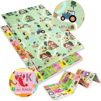 Obrázok produktu pre Obojstranná skladacia podlahová vzdelávacia podložka z XPE peny Bezpečná 120x180 Nemecká abeceda Village Humbi